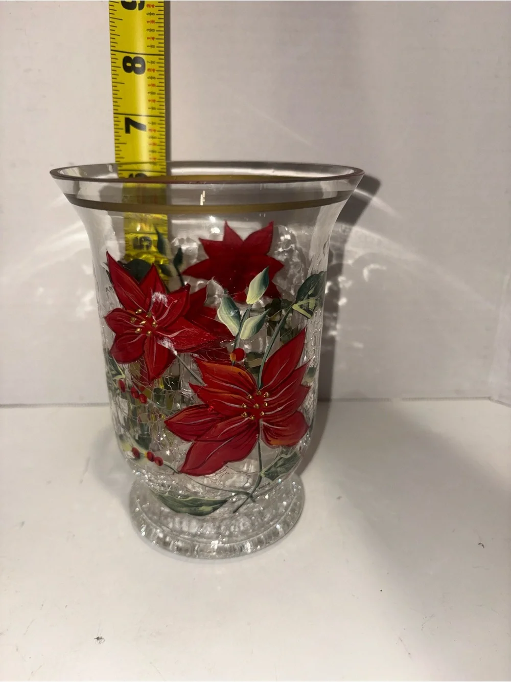 Hand-Painted Red Poinsettia Glass Vase with Gold Trim